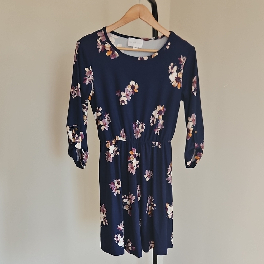 French Grey Navy Floral Mini Dress with Pink & Cream Flowers